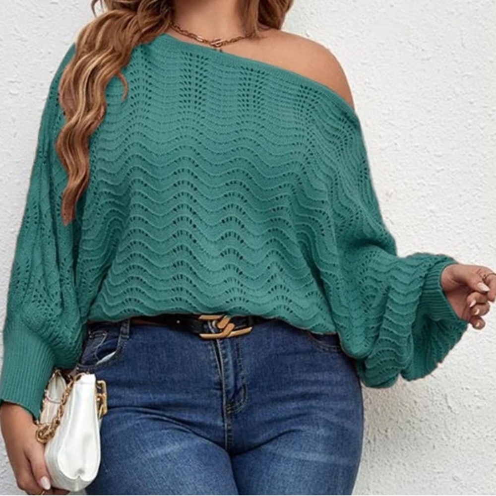 Teal Off-Shoulder Knit Sweater